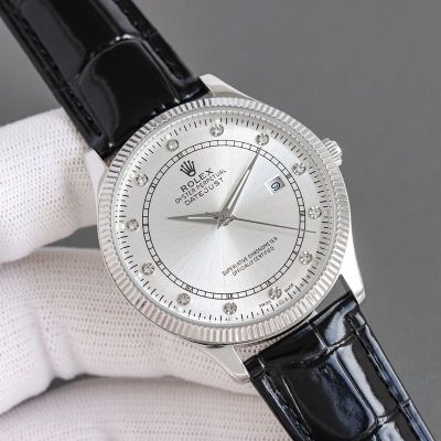 Rolex Datejust 28S-63 Movement 904L Steel 41mm Leather Band Black/White Watch